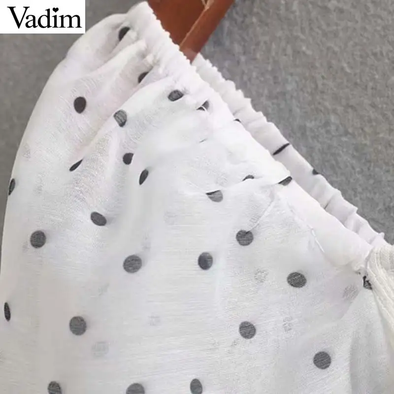 Vadim women elegant dot patchwork crop top short sleeve short style side zipper stretchy shirt female elegant blouses DA574