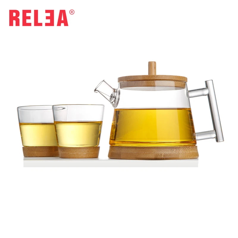 RELEA чайник творческий стеклянный набор с 2 чашек и бамбука аксессуары