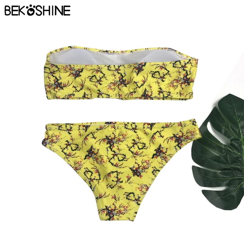 BEKOSHINE Yellow Bikini Set Print Swimwear Pad Push Up Swimsuit Low Waist Bathing Suit 2018 New Sexy Biquini Beach Wear |