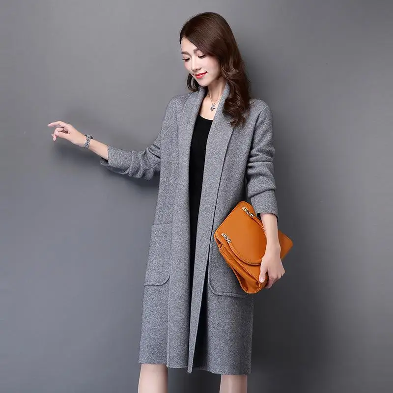 Женский однотонный кардиган с отложным воротником и карманами|sweater coat|womens knitbrand