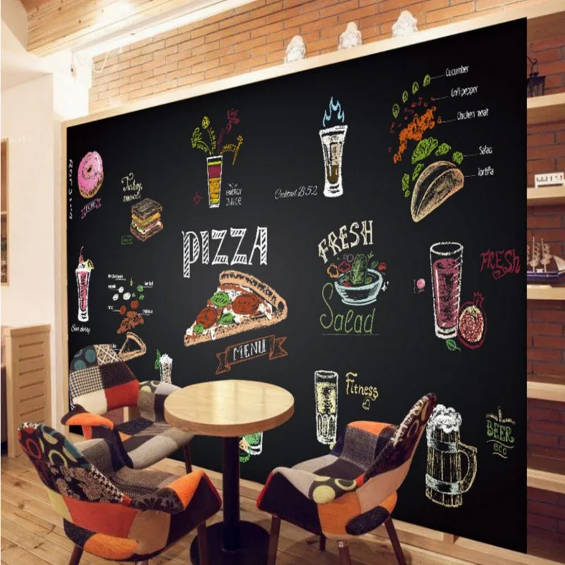 Фотообои ручная роспись мелом пицца сок на заказ ресторан фаст-фуд обои высокое