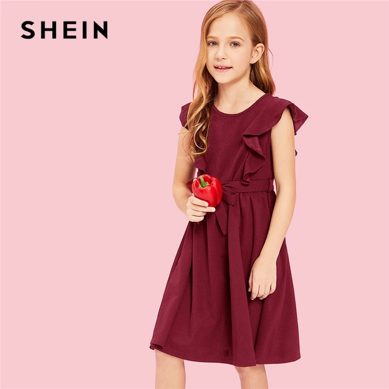 SHEIN/ г. Детские вечерние летние платья трапециевидной формы с оборками и поясом для девочек; Повседневные детские платья без рукавов; Одежда для девочек