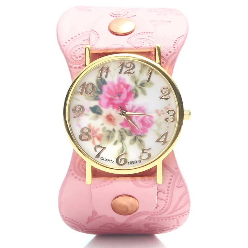 Новый 2015 Мода ЖЕНЕВА Старинные Пион Цветок Часы Женщины Кожа Кварцевые Платье