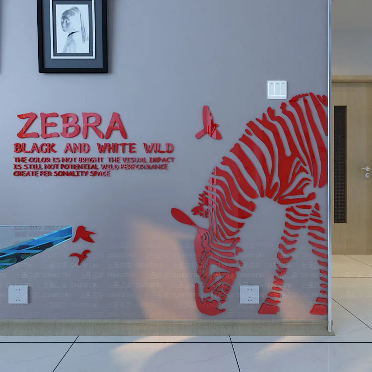 Красный 3d акриловые хрустальные настенные наклейки с зеброй для детской комнаты, дивана, телевизора, фона, настенные украшения, сделай сам, художественные настенные декоративные наклейки, домашний декор - Цвет: Красный