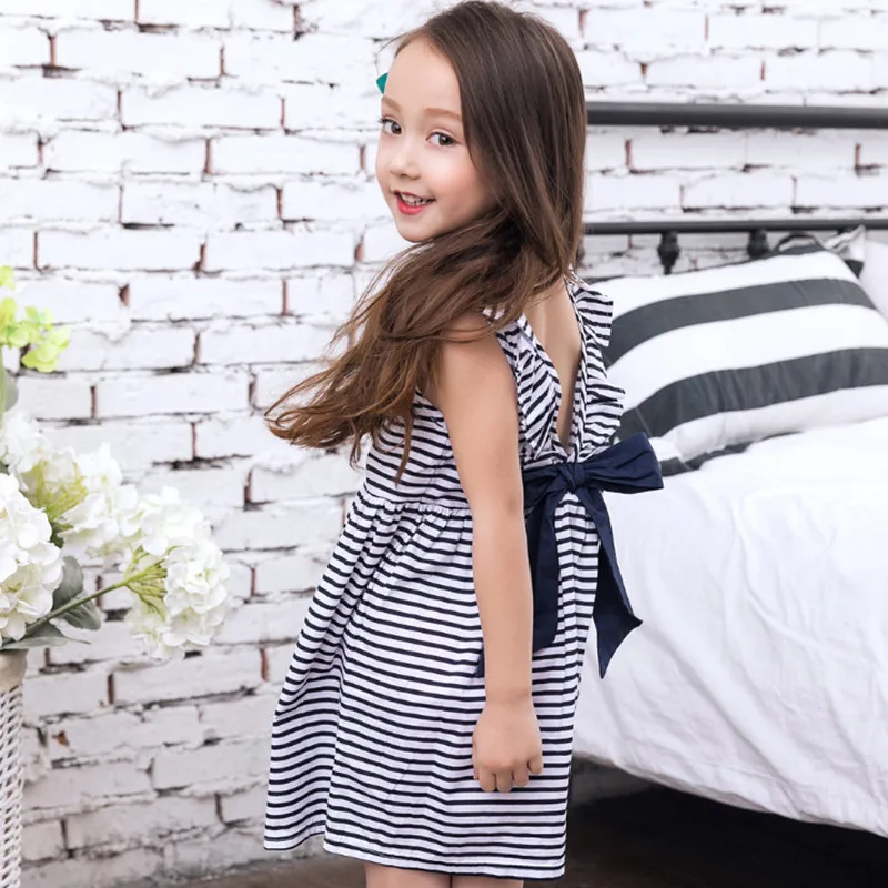 Платья для девочек детские летние Луки натуральный хлопок в полоску воланами V