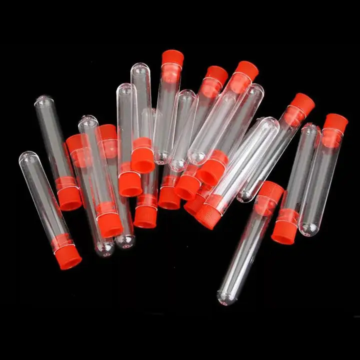 

100pcs 12*60mm Clear Plastic test tubes with blue/red stopper push cap for kind experiments and tests