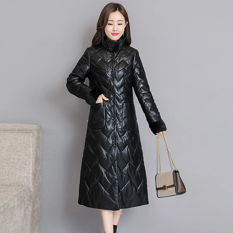 Winter Black Super Warm Long Soft Faux Leather Jacket Women Elegant Overcoat 2018 New Ladies Fur Collar Waterproof PU Parkas 3XL | Женская