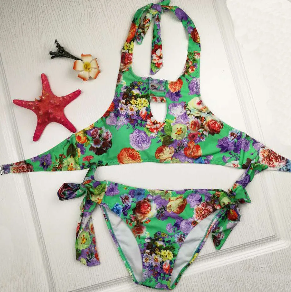 

Sexy Floral Cross Brazilian Halter Bikinis Women Print Swimwear Swimsuit Push Up Bikini Set Bathing Suit Swim Wear seteishene