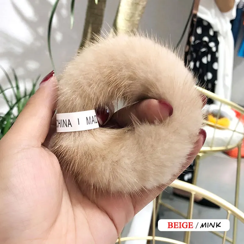 Beige Для женщин модная эластичная, для волос полосы галстук норки аксессуары-ободки из натурального меха, Заколки для волос хвост держатель для девочек - Цвет: Beige