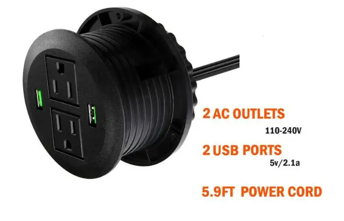 3 дюймов стол Мощность втулка, USB люверс с зеленым Порты и разъёмы, рабочий стол, круглое отверстие втулка розетки с 2 розетками переменного тока и 2 Порты usb 6.5FT