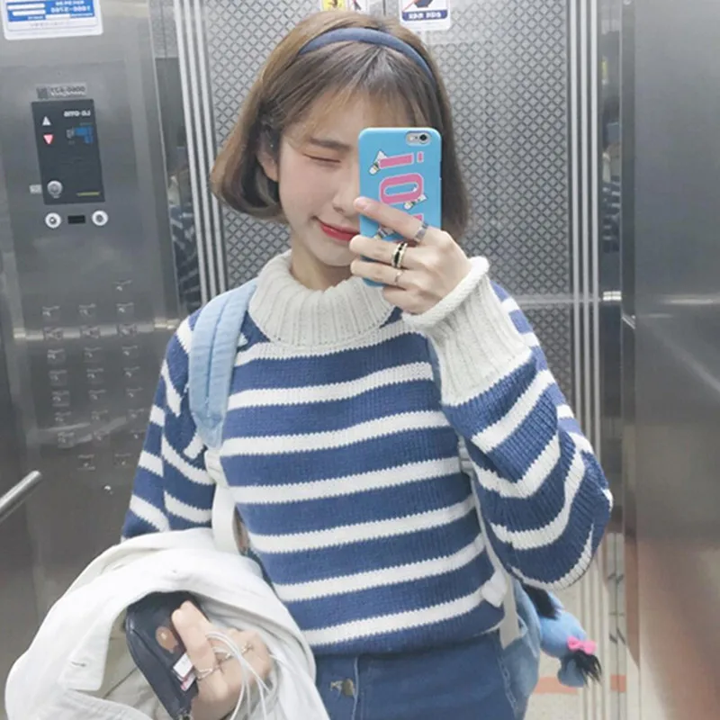 Ulzzang в японском стиле Повседневный Harajuku женский зимний Retro College Wind водолазка Свободный Полосатый свитер для влюбленных плюс размер