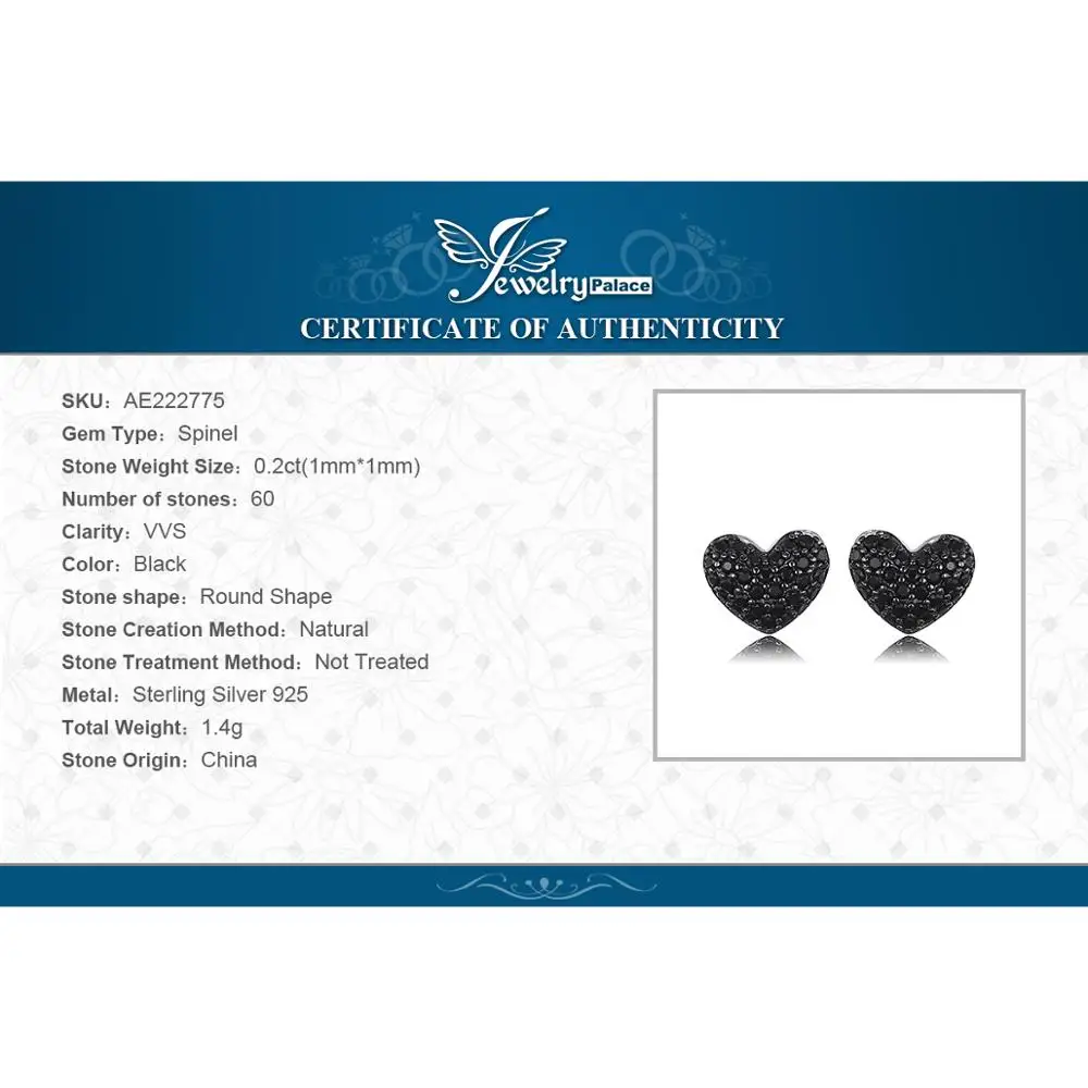 Jewelrypalace модные 0.29ct естественным черной шпинели сердце любовь Серьги для Для женщин Твердые стерлингового серебра 925 Серьги-гвоздики ювелирные изделия