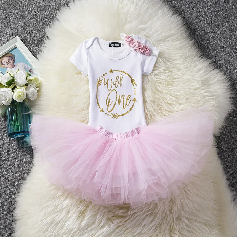 

3PCS Baby Girl Princess Tutu Dress 2019 Tolldler Kids Girl Headband + Romper + Ball Gown Dress Baptism The 1st Birthday Dresses
