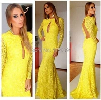 fast shipping hot selling elegant mermaid yellow gown party dresses sexy backless high quality full lace evening dress
