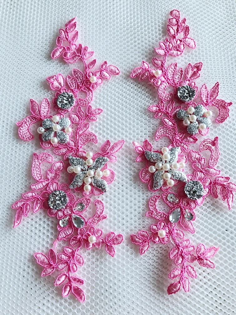 

Hand made crystal sequins pink 9*3.5inches sew on Rhinestones lace applique for dress accessories 5pairs/lot