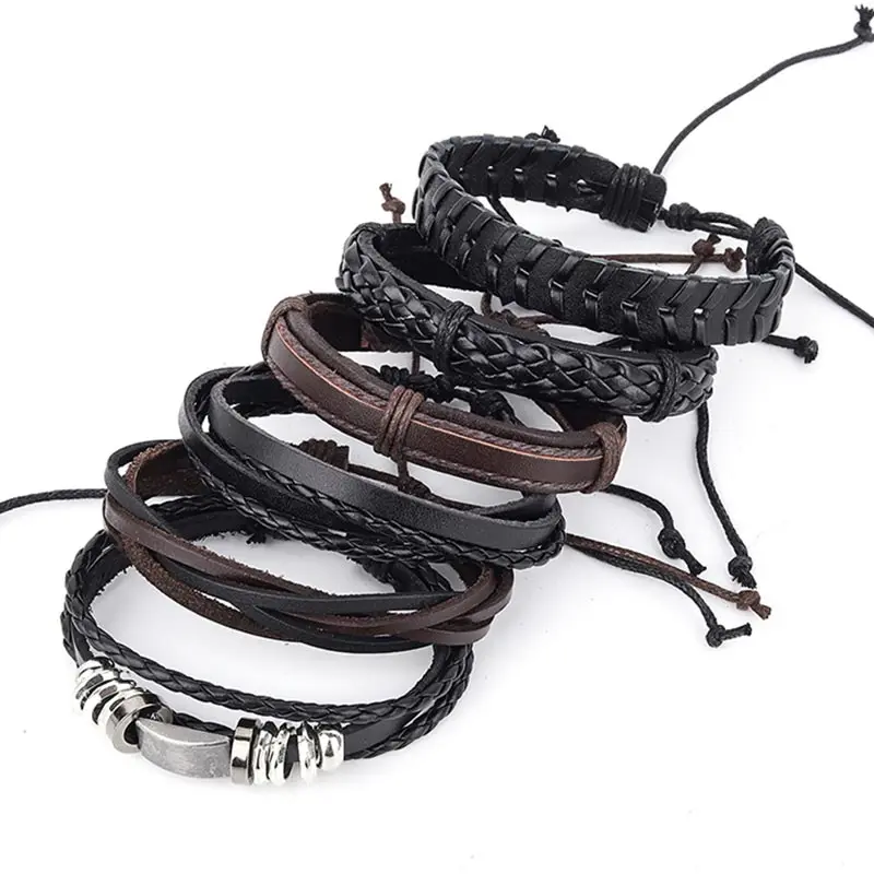 Crazy Feng Винтаж ручной работы Плетеные Браслеты Набор для мужчин Панк Рок Geometrice полые обёрточная бумага кожа баклеты браслеты Мужской ювелирны