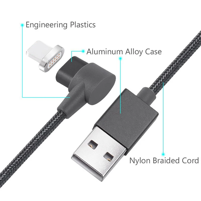 Магнитный кабель usb type C с углом 90 градусов, l-образный кабель, кабель usb type C, 1 м, нейлоновая оплетка, светодиодный индикатор, магнитный кабель для зарядки и синхронизации данных