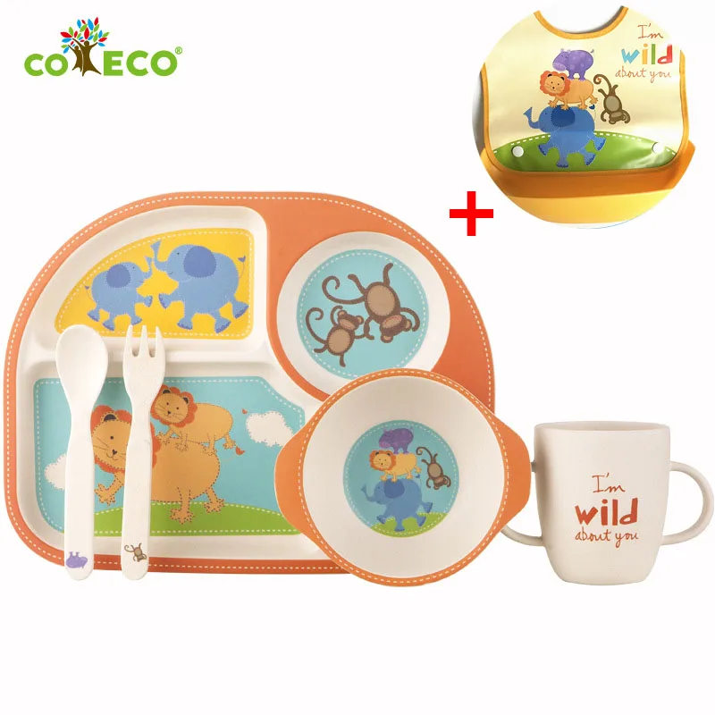 

6pcs/set Bamboo fiber baby feeding cartoon baby food container Health environmental baby plate set