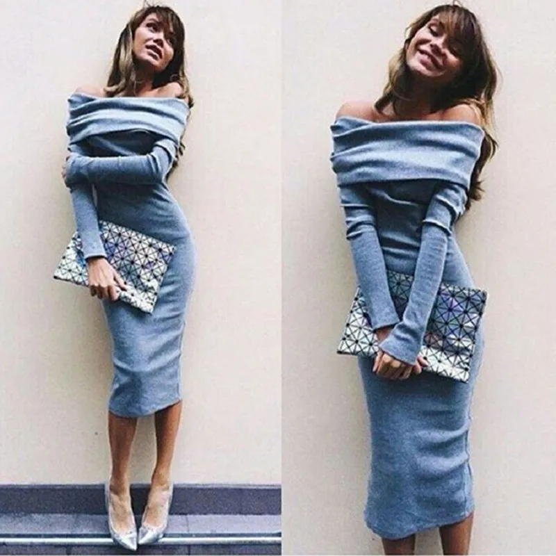 Новый Теплая Зима Черный Slash Шеи Вскользь Bodycon Женщин Свитер Платье С Длинным