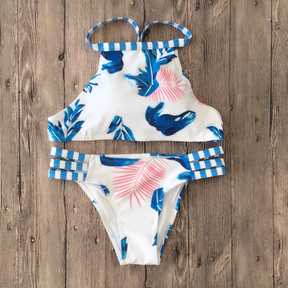 Bikini 2018 Swimwear Women High Neck Swimsuit Bathing Suit Push Up Set Vintage Leaf Print Female Beachwear With Pad |
