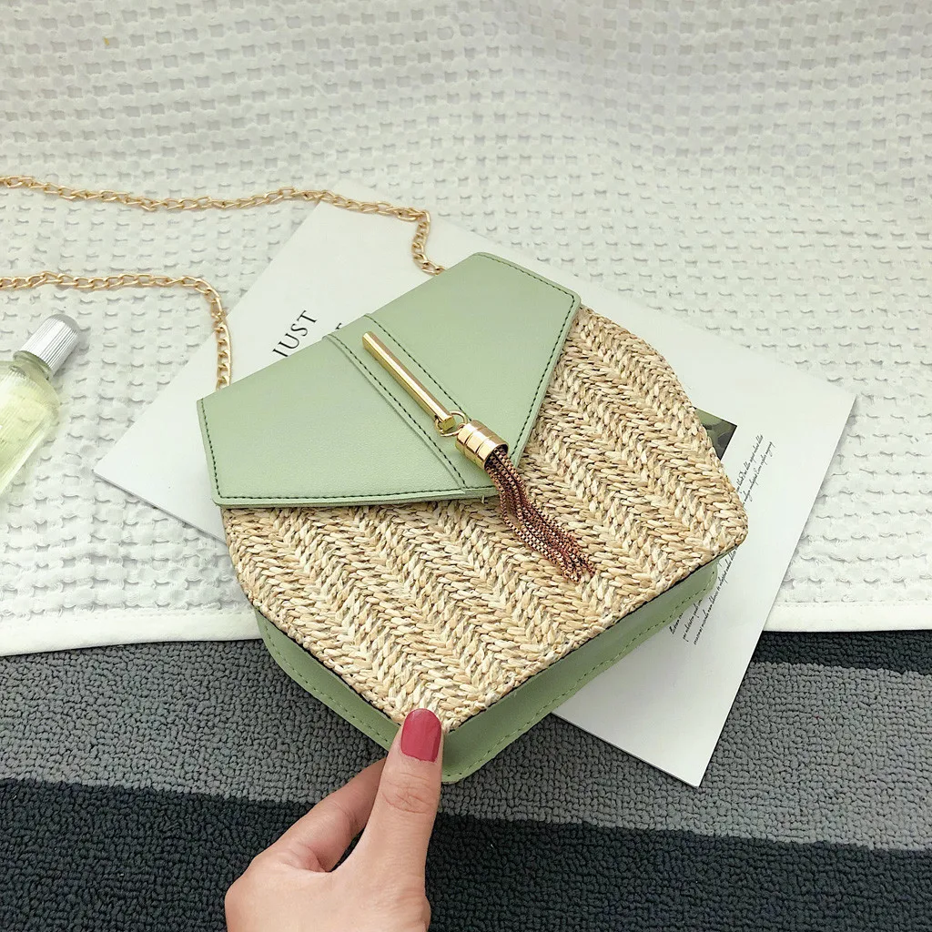 Hexagon Straw PU Women Shoulder Bag Handmade Rattan Handbag Summer Beach Bohemia Tassel Travel Bags sac femme 2019 nouveau#3 | Багаж и