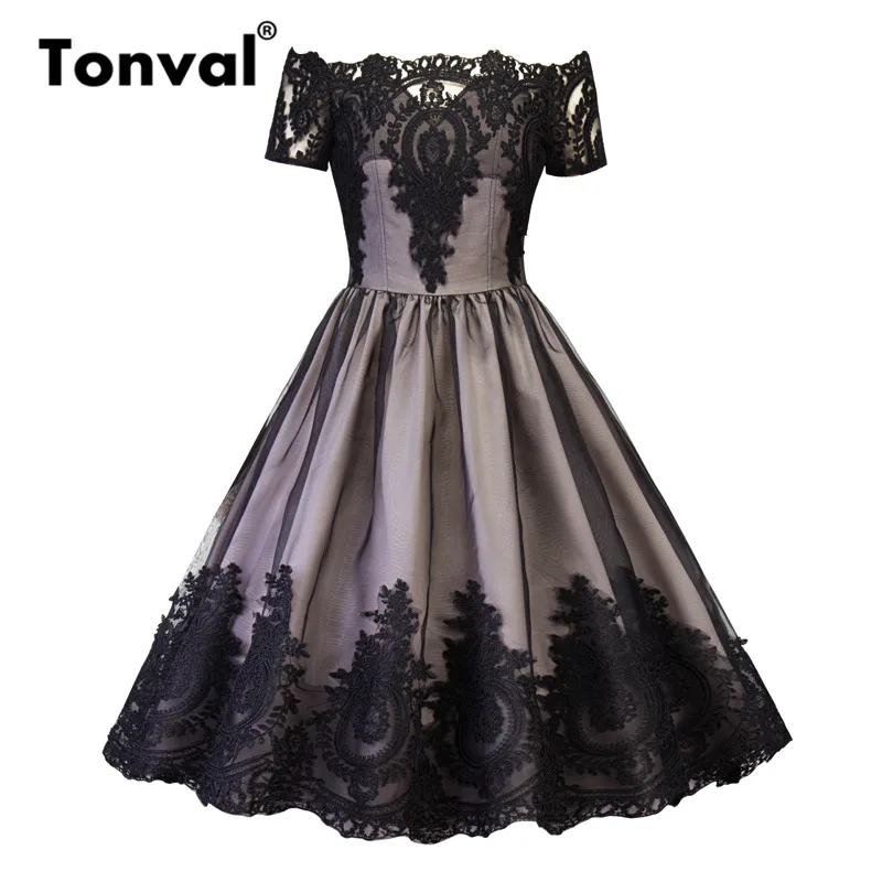 

Tonval Embroidery Mesh Sexy Dress Elegant Off Shoulder Women Vintage Party Pleated Dresses Short Sleeve Retro Dress