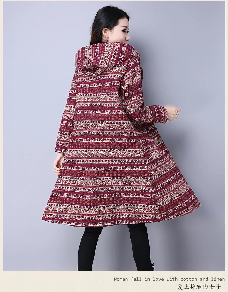 Winter Vintage Hooded Print Mid-Long Cardigan Retro Warm Long Sleeve Coat Oversized Plus Size Hoodies Thicken Cotton Jacket |