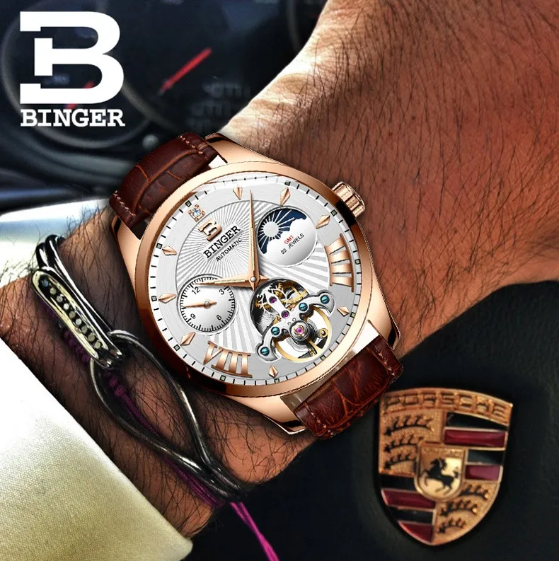 Tourbillon Бингер Мужские часы Роскошные деловые механические часы Мужские автоматические модные водонепроницаемые сапфировые спортивные часы с скелетом