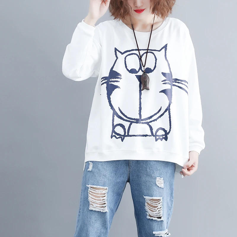 Фото 2018 Autumn Women Casual T-shirt Winter Female Clothing Plus Size Elegant Loose O-neck Cute Cat Print Black White Tshirt Tops Женская 2018 Autumn Women Casual T-shirt Winter Female Clothing Plus Size Elegant Loose O-neck Cute Cat Print Black White Tshirt Tops Женская