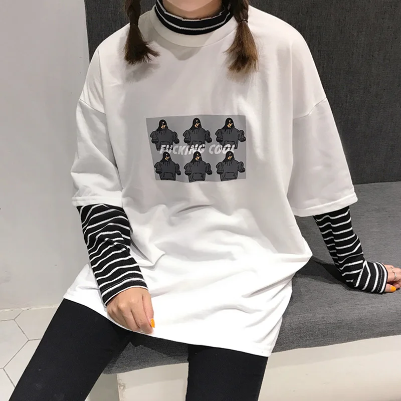 Синий Harajuku/футболка с длинными рукавами, Весенняя новинка, kpop, Женский Топ, ulzzang, свободная, дикая, повседневная, с высоким воротом, поддельная, из двух частей, футболка, S-2XL - Цвет: Синий