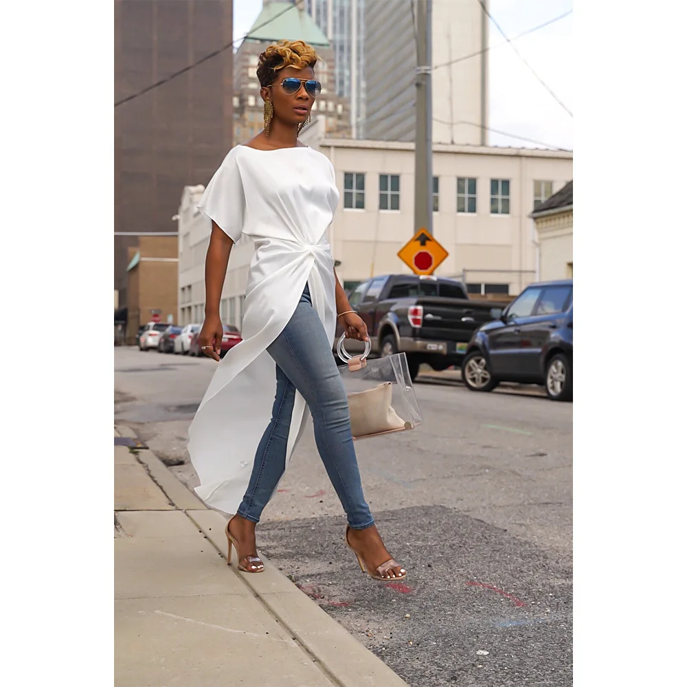 Solid Fashion Irregular Women Tshirt Office Lady Slash Neck Tee Shirt Femme Short Sleeve Summer Tunic Tops