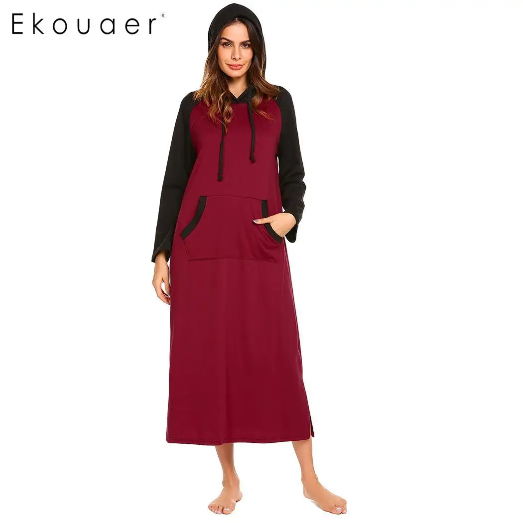 wine red Ekouaer Пижама сорочка ночная рубашка Повседневная однотонная с длинным рукавом женская с капюшоном Длинная Ночная рубашка женская домашняя одежда размера плюс - Цвет: wine red