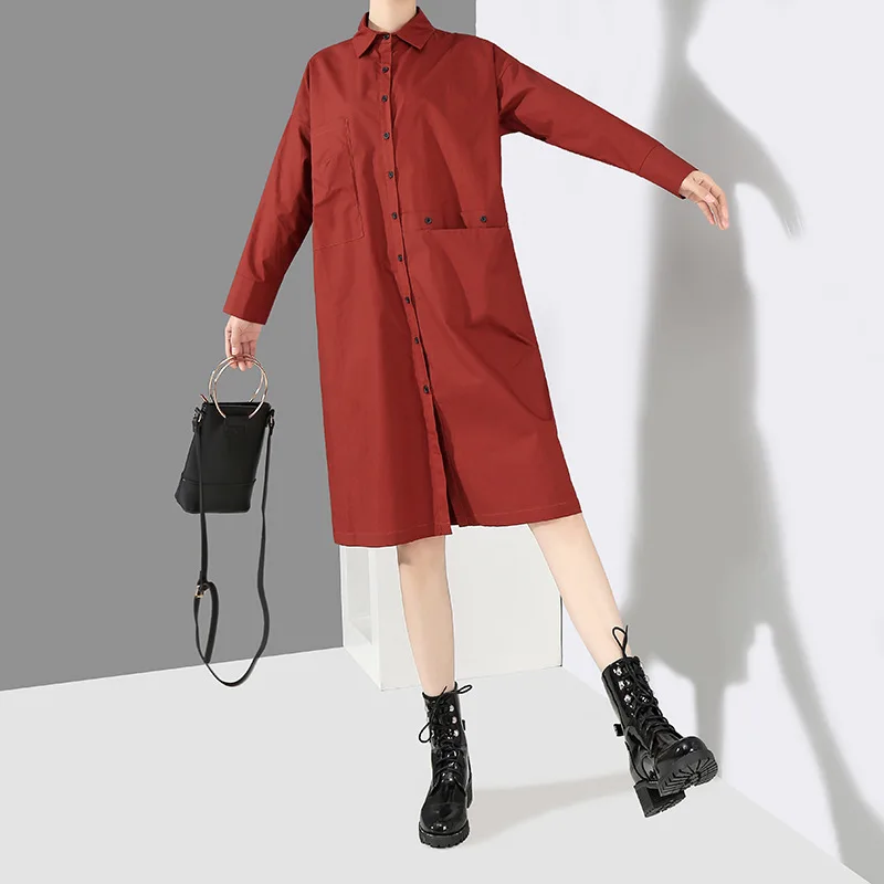 Johnature весна сплошной цвет свободный Уличная Повседневная рубашка платье 2019 Новый