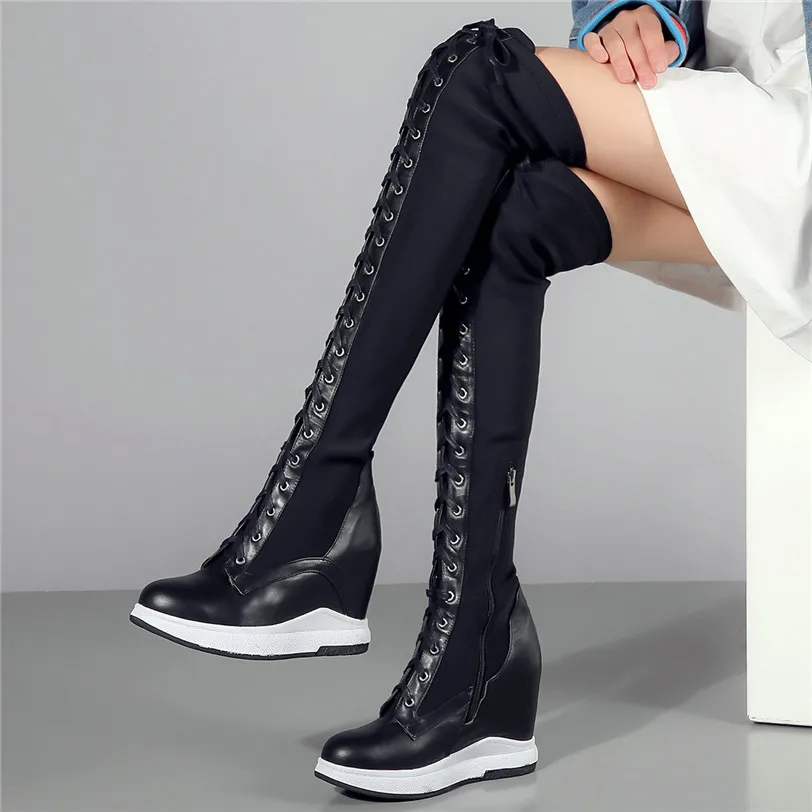 Thigh High Boots Women Genuine Leather Lace Up Knee High Booties Wedges High Heel Tall Shaft Punk Sneakers Winter Punk Creepers