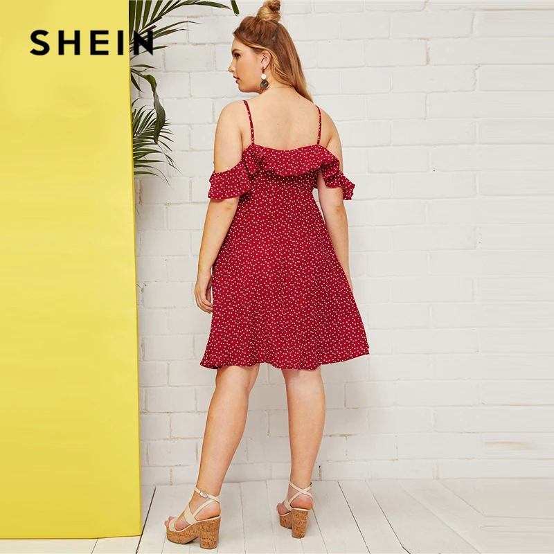 SHEIN, платье трапециевидной формы размера плюс с оборками и открытыми плечами, с принтом в виде конфетти и сердца,, женские летние платья с высокой талией в стиле бохо