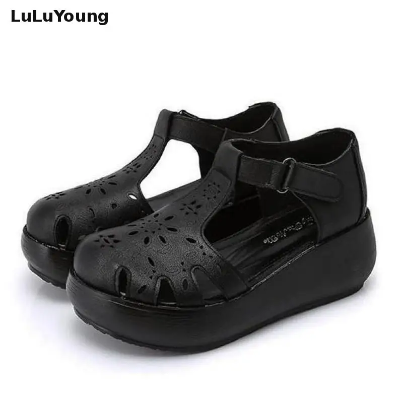 Сандалии женские из натуральной кожи босоножки на платформе с круглым носком