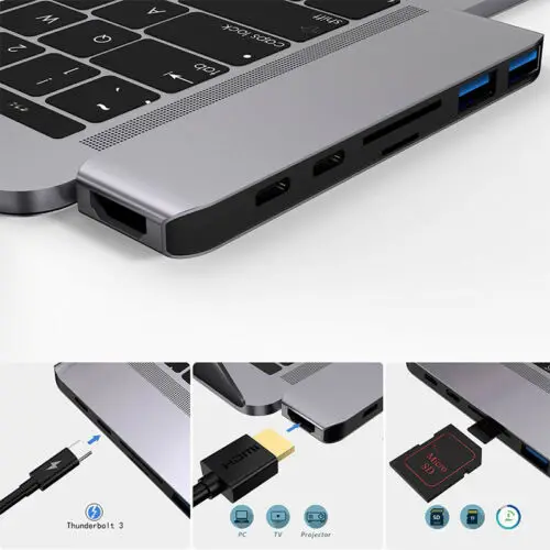 7 в 1 USB 3 Dual type C к USB3.0 концентратор + SD/TF кард ридер данных Thunderbolt HDMI 4K для MacBook