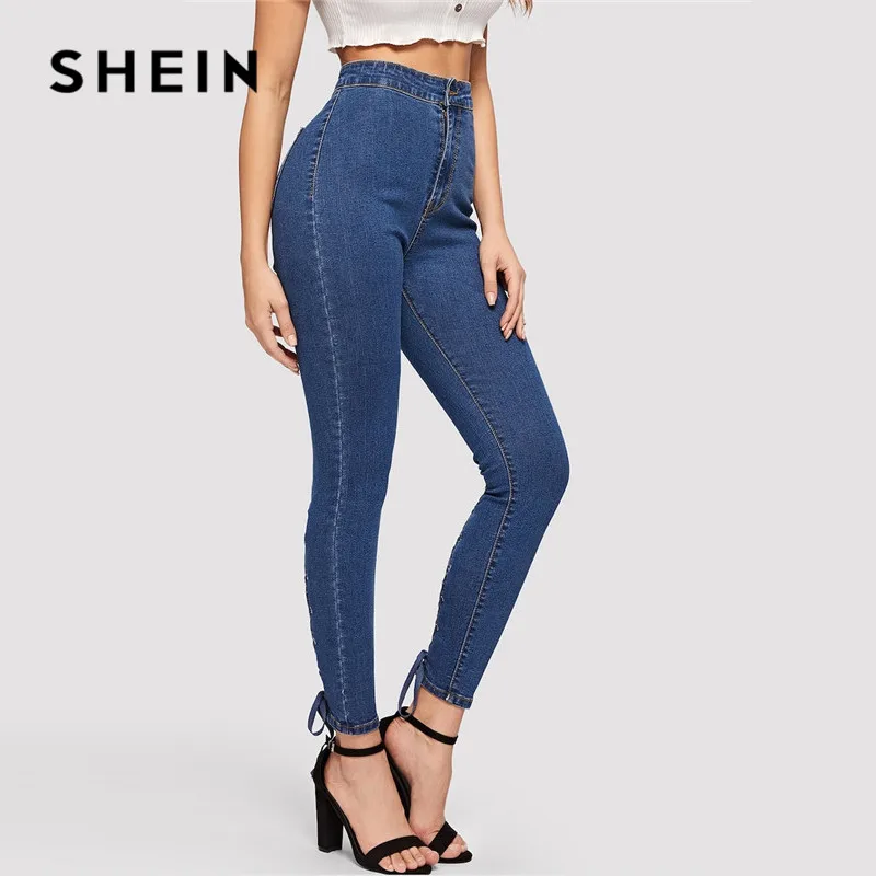 SHEIN, синие, на молнии, на шнуровке, перекрещивающиеся узелки, обтягивающие джинсы, женские, весна-лето, джинсы с высокой талией, эластичные джинсовые женские брюки