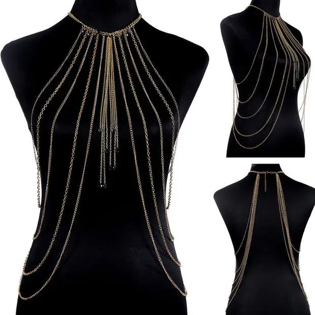 

Золотая Сексуальная цепочка для тела, женские ожерелья и подвески, длинное ожерелье в стиле панк из сплава с кисточкой, новинка 2020, дизайнер...
