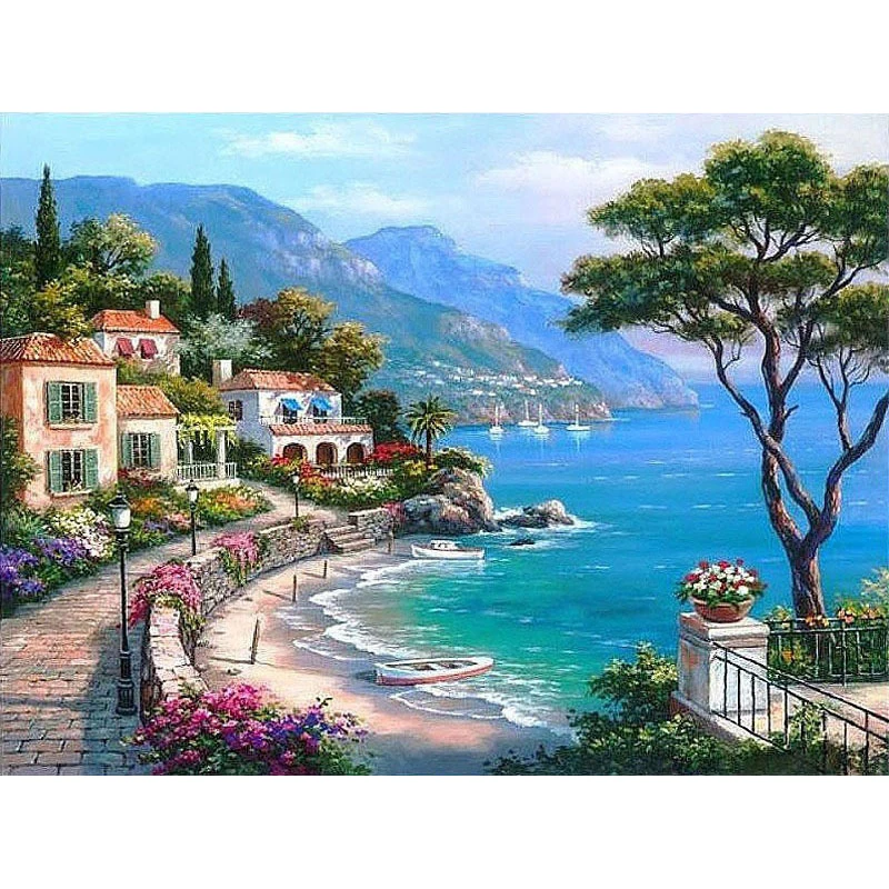 

5D DIY Full Drill Round Diamond Embroidery Diamond Painting Seaside Town Scenery Pattern Cross Stitch Wall Stickers