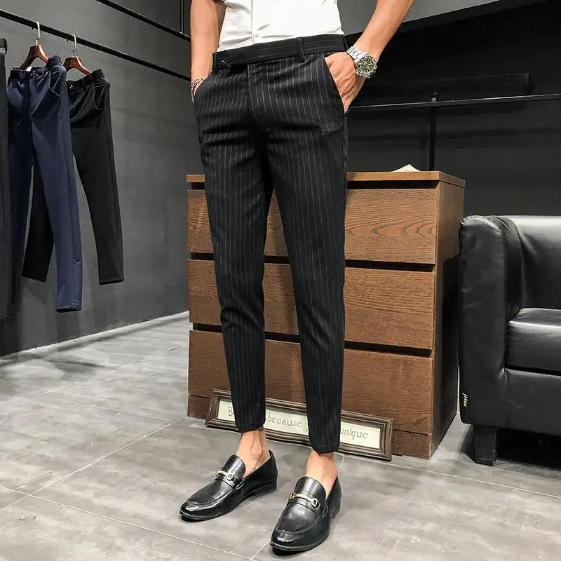 28-36 Мужские модельные Брюки Slim Fit уличная полосатая тренировка штаны по лодыжку мужские модные летние офисные брюки мужские обтягивающие брюки - Цвет: Black Suit Pants