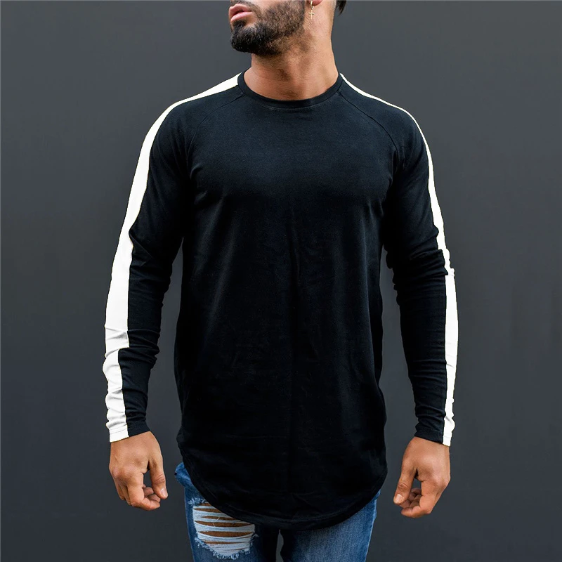 UplzCoo 2019 Harajuku Fitness Sports Men long sleeve T-Shirts Patchwork Cotton Tee Tops Women Spring Black Streetwear JA146 | Мужская