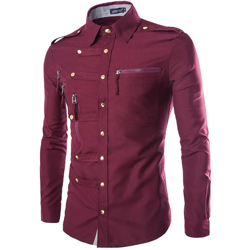 

WSGYJ Men Shirts 2019 Fashion England Style Long Sleeve Cargo Shirt Casual Slim Fit Epaulet Double Pocket Dress Shirt