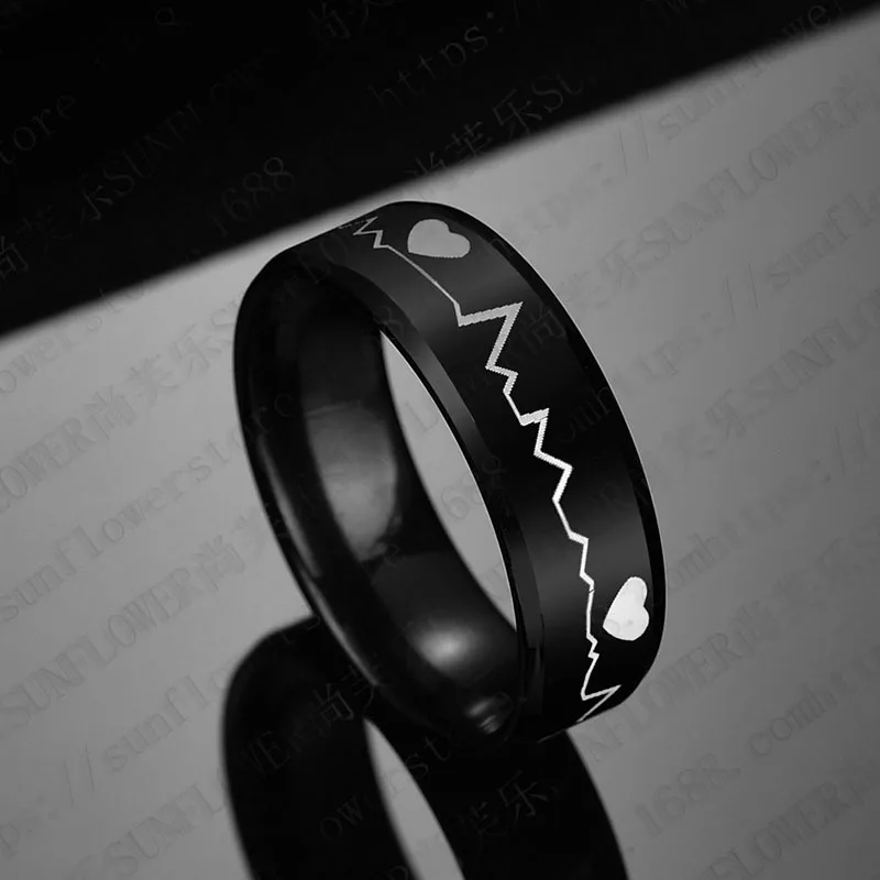 Классический ЭКГ черный 8 мм Кольца из нержавейки Украшения для мужчин кольцо