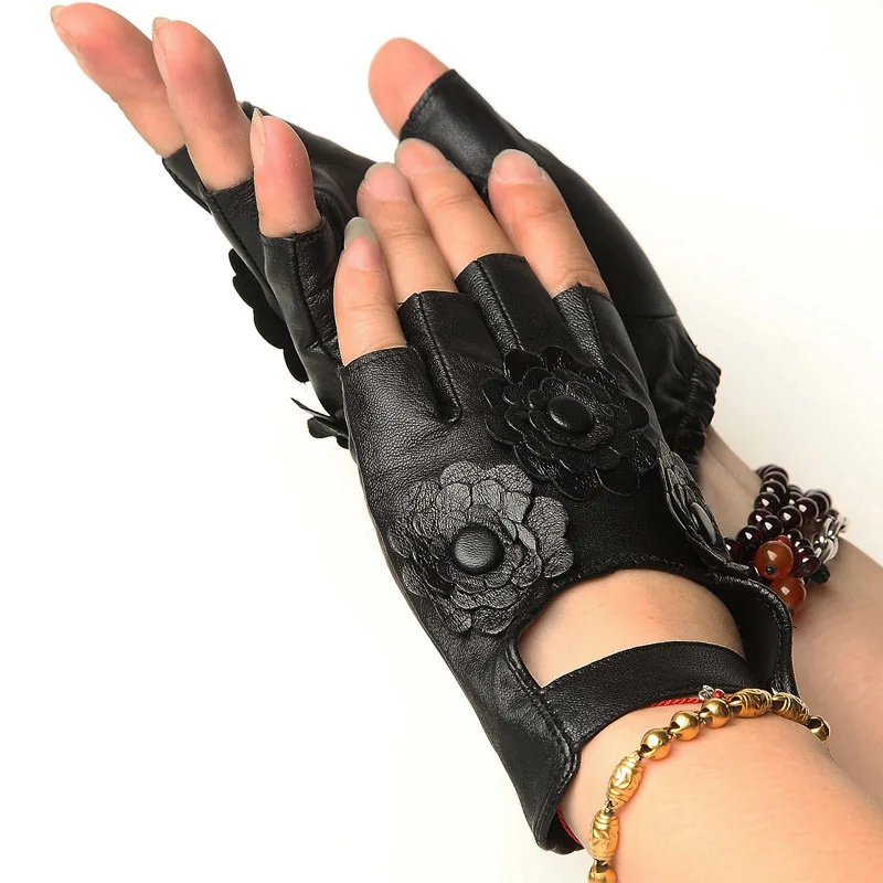 New Female 100% Pure Real Leahter Flower Thin Half Finger Cool Gloves Women Driving Riding Semi-Finger Sports Fitness Luvas | Аксессуары