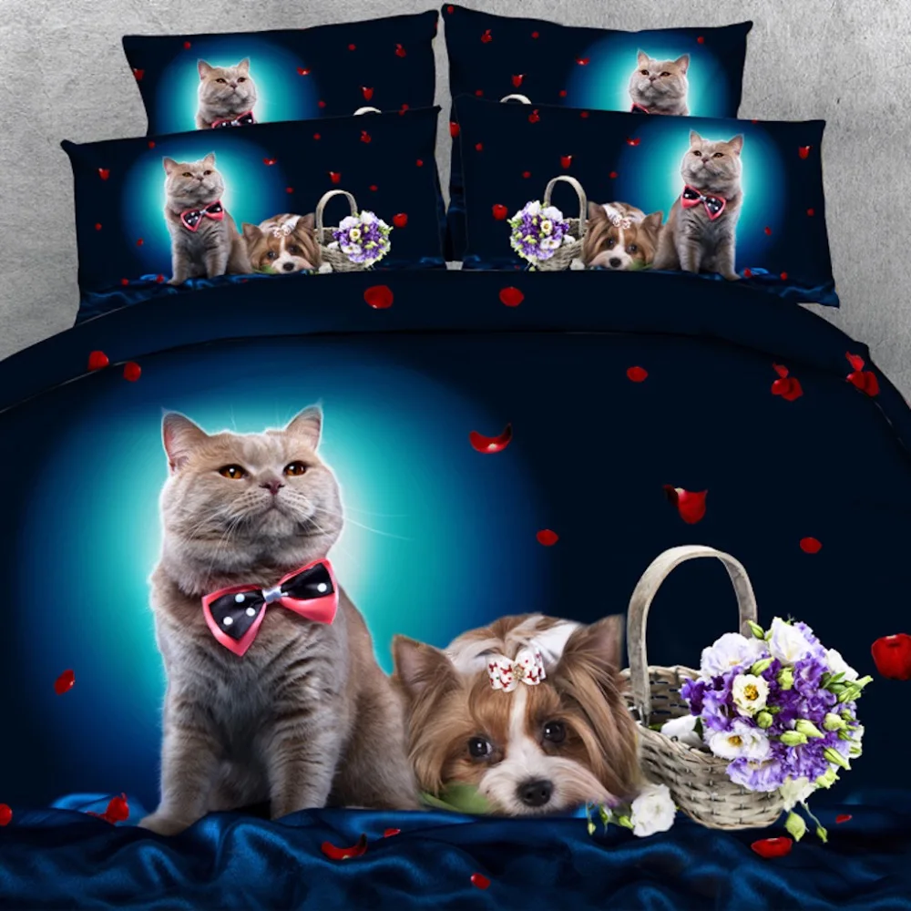 

Goldeny 4 Parts Per Set Animal Friends Cute Cat and Dog with Rose petals 3d animal bed set Girls bed cover set