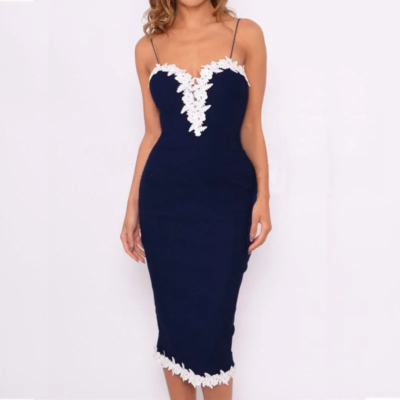 Женское темно синее обтягивающее ремень V образным вырезом Спагетти платья для