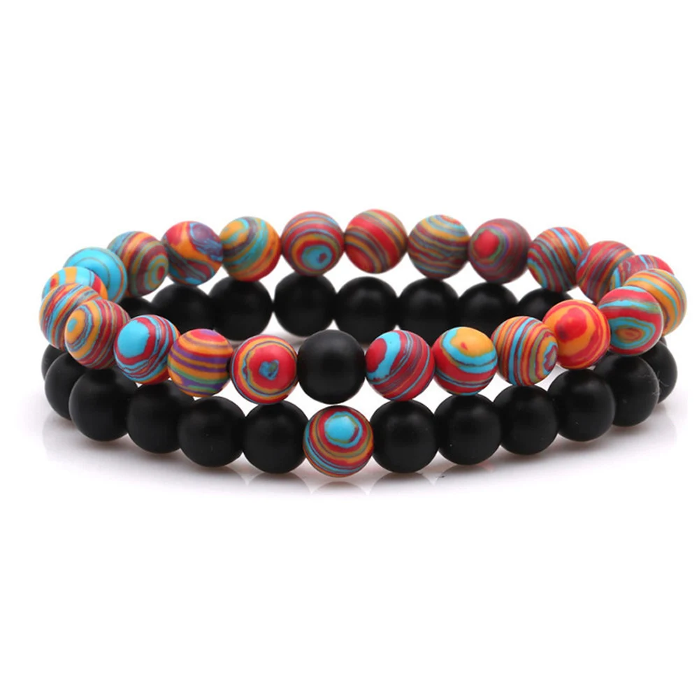 Malachite Matte Onyx 2 шт. 8 мм пары расстояние Йога браслет браслеты камень из натуральной лавы 7 Чакра бисером браслеты с тигровым глазом для мужчин женщин молитва ювелирные изделия - Окраска металла: Malachite Matte Onyx