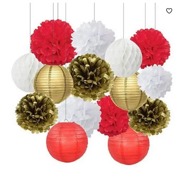 Золотой красный белый папиросная бумага Pom Poms бумажный фонарь ткань бумажные