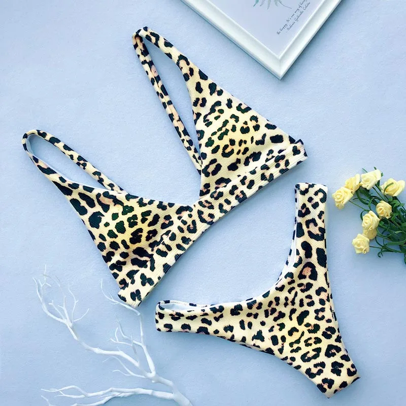 Женский купальник с леопардовым принтом бикини глубоким v образным вырезом